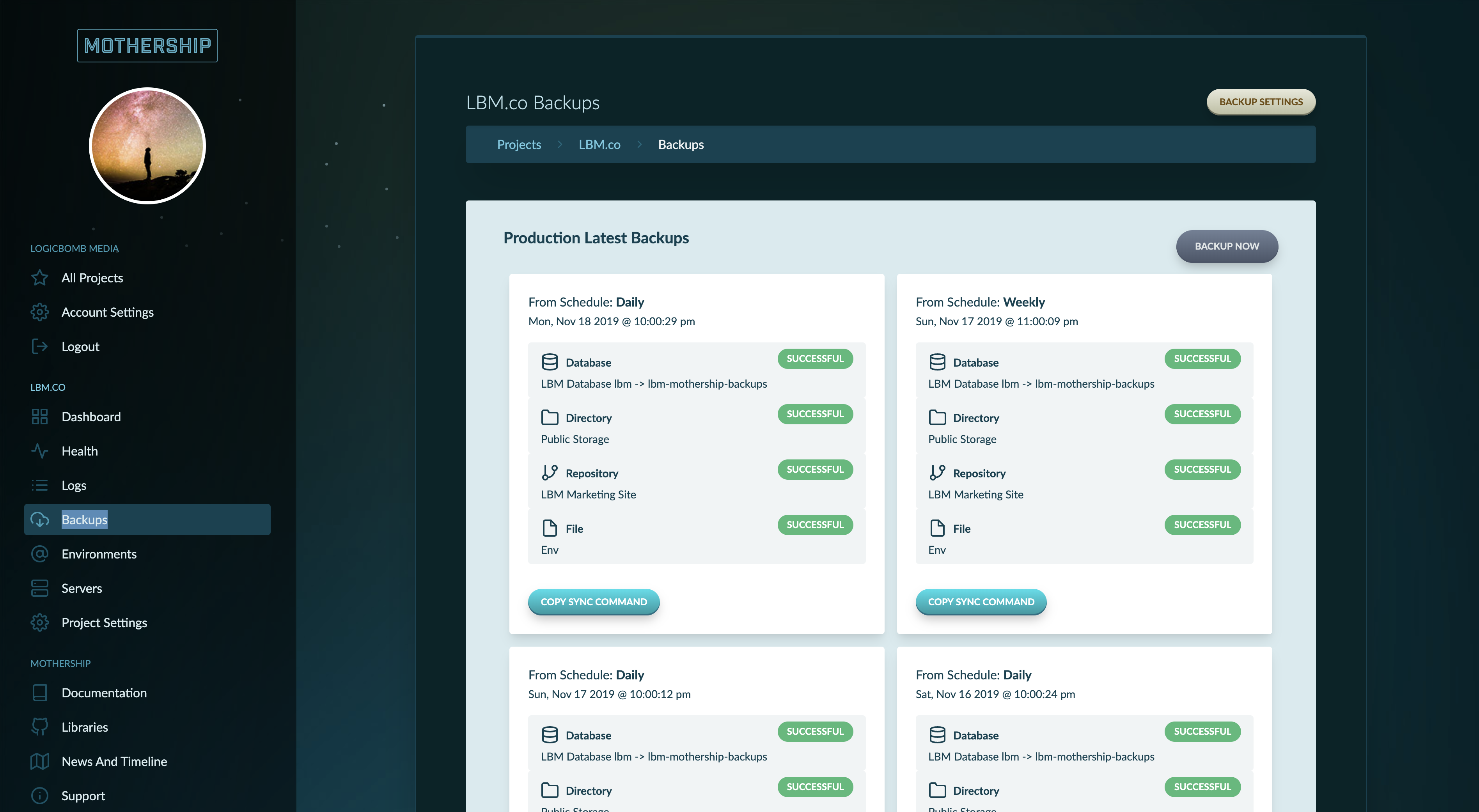 Screenshot of the Backups screen showcasing various backups Screenshot of the Backups screen showcasing various backups