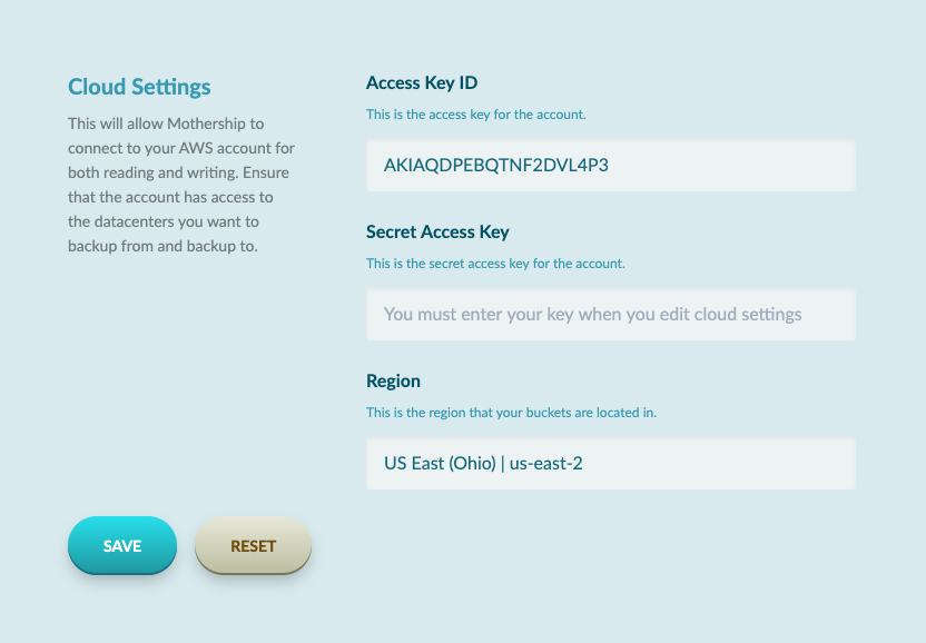 Cloud Settings Example on Mothership