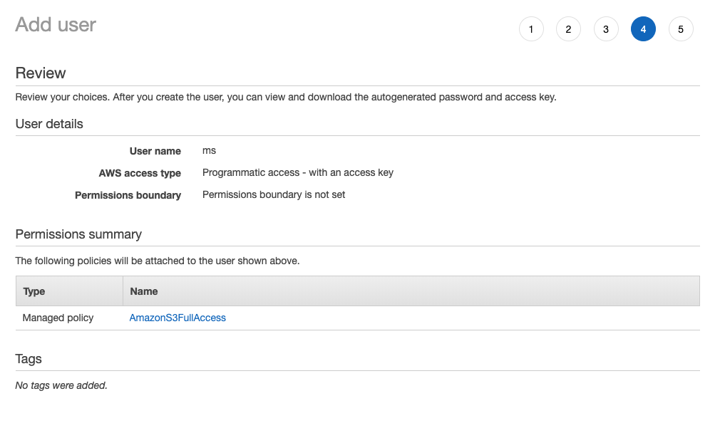 Screenshot of the IAM Review from AWS