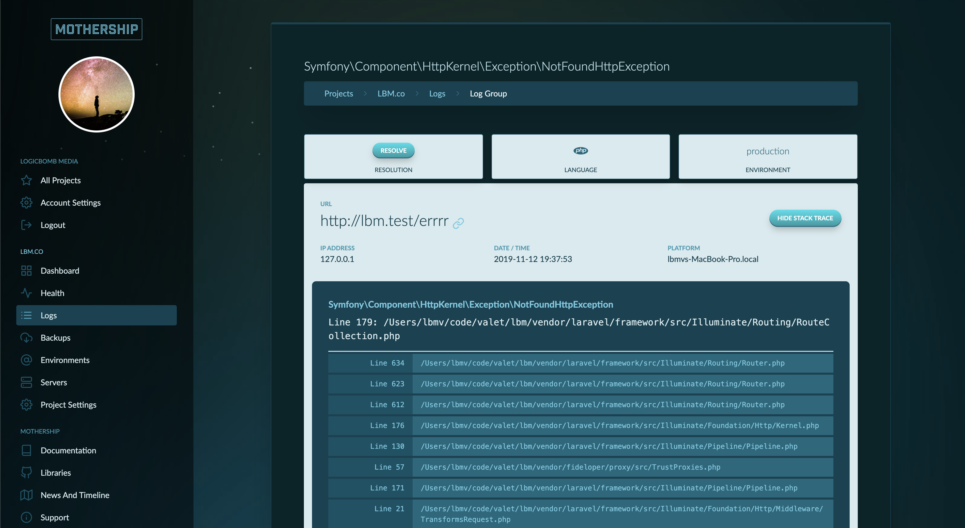 Screenshot of a log stack trace